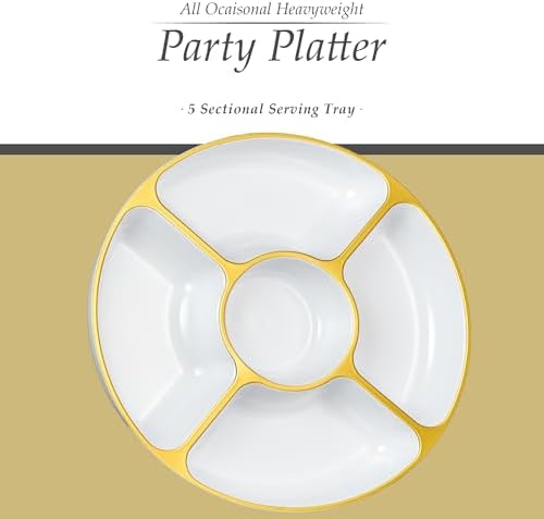 5 Sectional Round Plastic Heavy duty Serving Tray/Platters White With Gold Rim Pack of 4 in 12 inches in WHITE, alternate