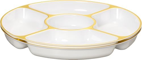 5 Sectional Round Plastic Heavy duty Serving Tray/Platters White With Gold Rim Pack of 4 in 12 inches in WHITE, alternate