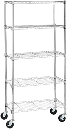 5-Shelf Adjustable, Heavy Duty Storage Shelving Unit on 4" Wheel Casters, Easy to Move Portable Wire Shelving