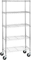 5-Shelf Adjustable, Heavy Duty Storage Shelving Unit on 4" Wheel Casters, Easy to Move Portable Wire Shelving
