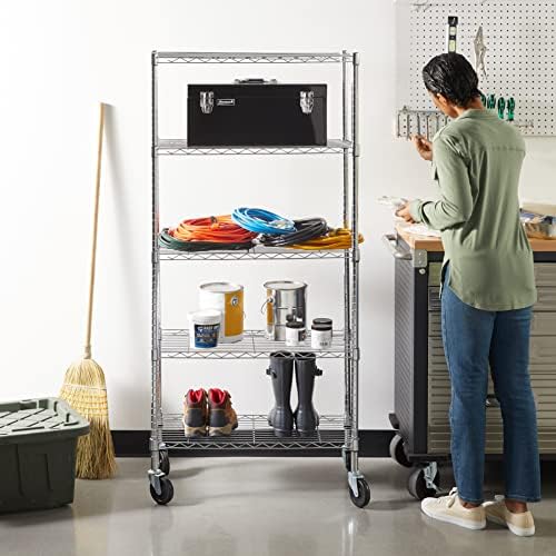 5-Shelf Adjustable, Heavy Duty Storage Shelving Unit on 4" Wheel Casters, Easy to Move Portable Wire Shelving, alternate view