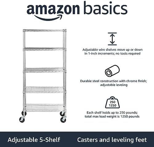 5-Shelf Adjustable, Heavy Duty Storage Shelving Unit on 4" Wheel Casters, Easy to Move Portable Wire Shelving, alternate view