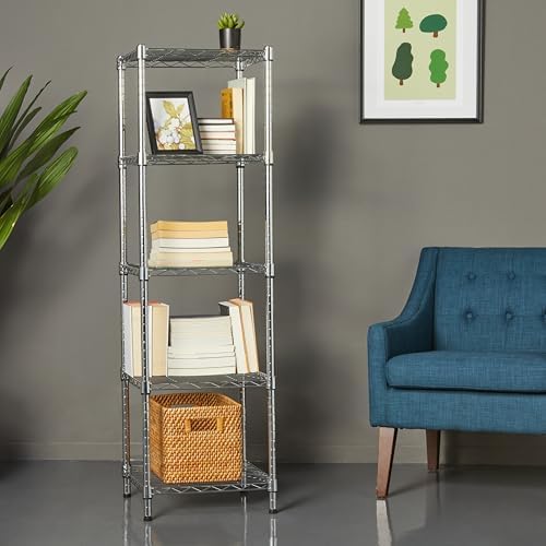5-Shelf Tower Adjustable Storage Shelving Unit, Chrome, 16" x 16" x 54", 150 lbs Per Shelf, alternate view 2