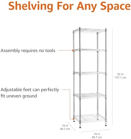 5-Shelf Tower Adjustable Storage Shelving Unit, Chrome, 16" x 16" x 54", 150 lbs Per Shelf, alternate view 3