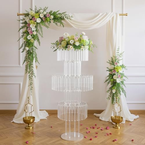 5-Tier 43in Height Silver Crystal Flower Stand for for Wedding(Round Base), alternate view 6