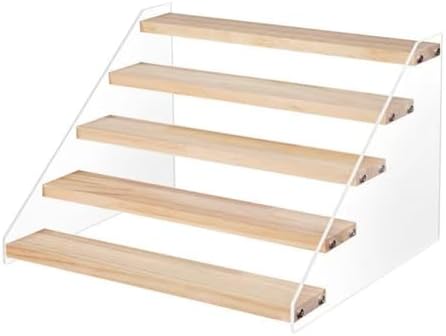 5 Tier Acrylic Wooden Display Stand, Clear Acrylic Display Riser Shelf Wood Tiered Display Shelf Rack Step