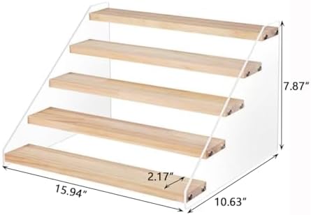 5 Tier Acrylic Wooden Display Stand, Clear Acrylic Display Riser Shelf Wood Tiered Display Shelf Rack Step, alternate view 2