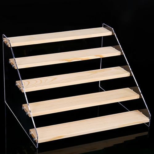 5 Tier Acrylic Wooden Display Stand, Clear Acrylic Display Riser Shelf Wood Tiered Display Shelf Rack Step, alternate view 3
