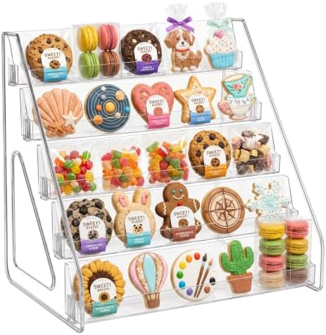 5-Tier Clear Acrylic Cookie Display Stand, Rectangular Shelves, Clear Tiered Dessert Stand for Bakers Vendors