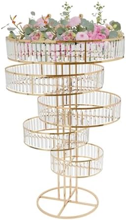 5 Tier Crystal Chandelier Flower Stand Gold Wedding Centerpiece with Hanging Crystals Round Pedestal Vase for