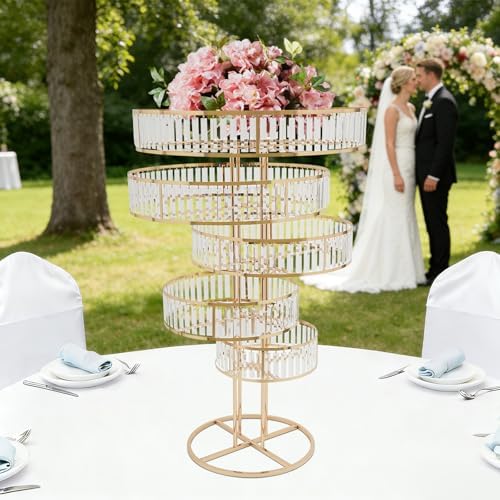 5 Tier Crystal Chandelier Flower Stand Gold Wedding Centerpiece with Hanging Crystals Round Pedestal Vase for, alternate view