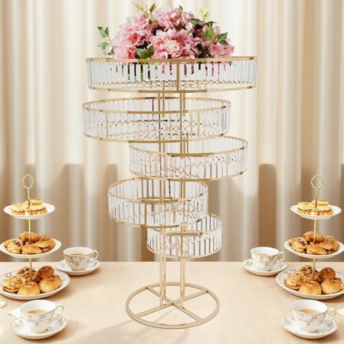 5 Tier Crystal Chandelier Flower Stand Gold Wedding Centerpiece with Hanging Crystals Round Pedestal Vase for, alternate view