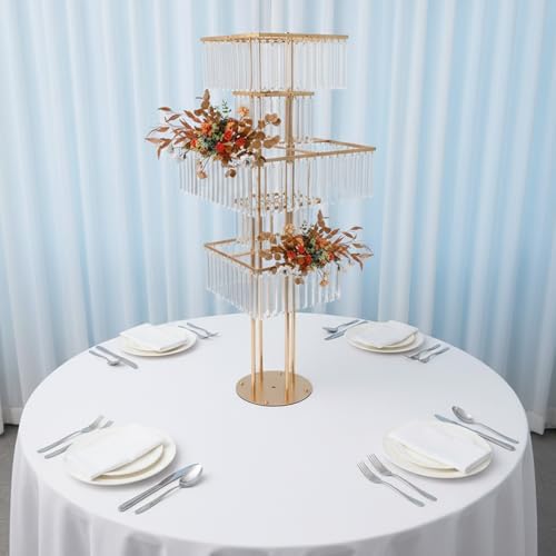 5 Tier Crystal Flower Stand, 2pcs Wedding Gold Vases Centerpieces with Hanging Crystals, Square Chandelier, alternate view 2