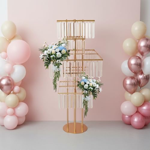 5 Tier Crystal Flower Stand, 2pcs Wedding Gold Vases Centerpieces with Hanging Crystals, Square Chandelier, alternate view 4