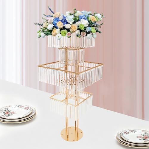 5 Tier Crystal Flower Stand, 2pcs Wedding Gold Vases Centerpieces with Hanging Crystals, Square Chandelier, alternate view 5