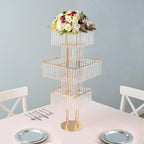 5 Tier Crystal Flower Stand, 2pcs Wedding Gold Vases Centerpieces with Hanging Crystals, Square Chandelier, alternate view 6