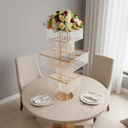5 Tier Crystal Flower Stand, 2pcs Wedding Gold Vases Centerpieces with Hanging Crystals, Square Chandelier, alternate view 7
