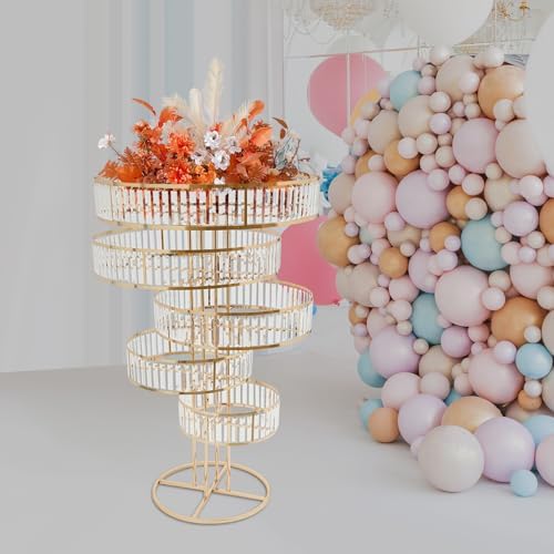 5 Tier Crystal Flower Stand, 2pcs Wedding Gold Vases Centerpieces with Hanging Crystals, Round Chandelier, alternate view 5