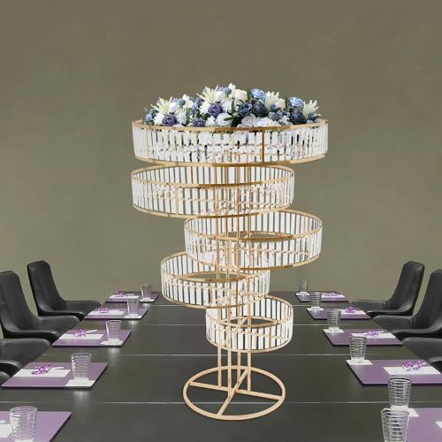 5 Tier Crystal Flower Stand, 2pcs Wedding Gold Vases Centerpieces with Hanging Crystals, Round Chandelier, alternate view 6
