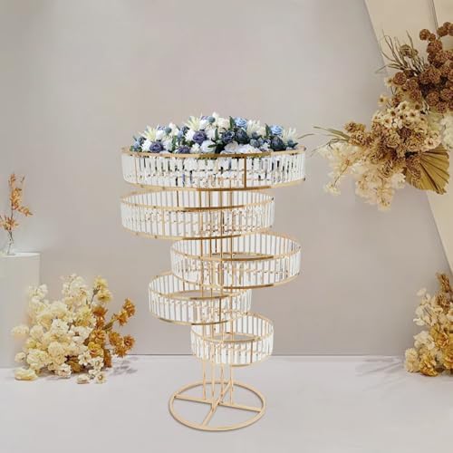 5 Tier Crystal Flower Stand, 2pcs Wedding Gold Vases Centerpieces with Hanging Crystals, Round Chandelier, alternate view 7