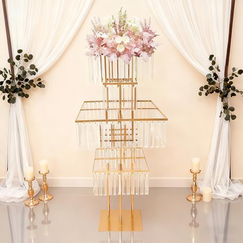 5 Tier Crystal Flower Stand, 2pcs Wedding Gold Vases Centerpieces with Hanging Crystals, Round Chandelier, alternate view 2