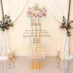 5 Tier Crystal Flower Stand, 2pcs Wedding Gold Vases Centerpieces with Hanging Crystals, Round Chandelier, alternate view 2
