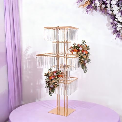 5 Tier Crystal Flower Stand, 2pcs Wedding Gold Vases Centerpieces with Hanging Crystals, Round Chandelier, alternate view 4