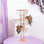 5 Tier Crystal Flower Stand, 2pcs Wedding Gold Vases Centerpieces with Hanging Crystals, Round Chandelier, alternate view 4