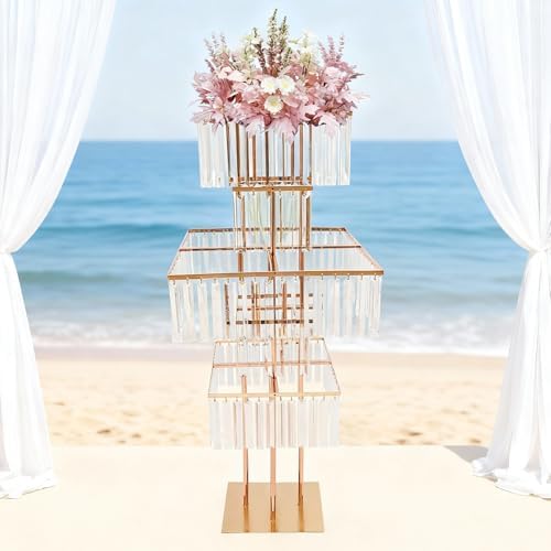 5 Tier Crystal Flower Stand, 2pcs Wedding Gold Vases Centerpieces with Hanging Crystals, Round Chandelier, alternate view 6