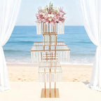 5 Tier Crystal Flower Stand, 2pcs Wedding Gold Vases Centerpieces with Hanging Crystals, Round Chandelier, alternate view 6