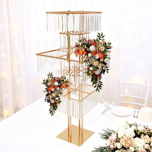 5 Tier Crystal Flower Stand, 2pcs Wedding Gold Vases Centerpieces with Hanging Crystals, Round Chandelier, alternate view 7