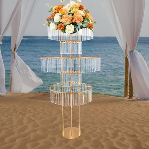 5 Tier Crystal Flower Stand, 2pcs Wedding Gold Vases Centerpieces with Hanging Crystals, Round Chandelier, alternate view 4