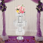 5 Tier Crystal Flower Stand, 2pcs Wedding Silver Vases Centerpieces with Hanging Crystals, Round Chandelier, alternate view 2