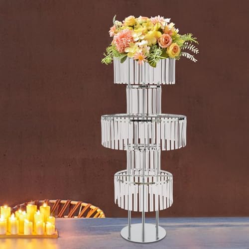 5 Tier Crystal Flower Stand, 2pcs Wedding Silver Vases Centerpieces with Hanging Crystals, Round Chandelier, alternate view 4