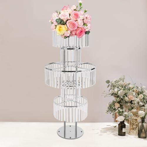 5 Tier Crystal Flower Stand, 2pcs Wedding Silver Vases Centerpieces with Hanging Crystals, Round Chandelier, alternate view 5