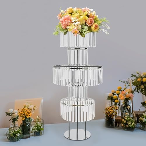 5 Tier Crystal Flower Stand, 2pcs Wedding Silver Vases Centerpieces with Hanging Crystals, Round Chandelier, alternate view 7