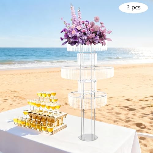 5 Tier Crystal Flower Stand, 2pcs Wedding Silver Vases Centerpieces with Hanging Crystals, Round Chandelier, alternate view 2
