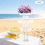 5 Tier Crystal Flower Stand, 2pcs Wedding Silver Vases Centerpieces with Hanging Crystals, Round Chandelier, alternate view 2