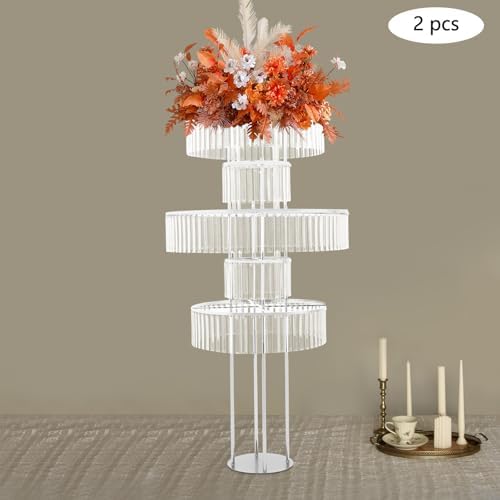 5 Tier Crystal Flower Stand, 2pcs Wedding Silver Vases Centerpieces with Hanging Crystals, Round Chandelier, alternate view 4
