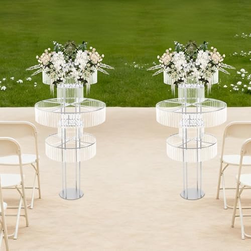 5 Tier Crystal Flower Stand, 2pcs Wedding Silver Vases Centerpieces with Hanging Crystals, Round Chandelier, alternate view 6