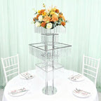 5 Tier Crystal Flower Stand, 2pcs Wedding Silver Vases Centerpieces with Hanging Crystals, Square Chandelier, alternate view