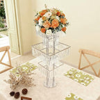5 Tier Crystal Flower Stand, 2pcs Wedding Silver Vases Centerpieces with Hanging Crystals, Square Chandelier, alternate view