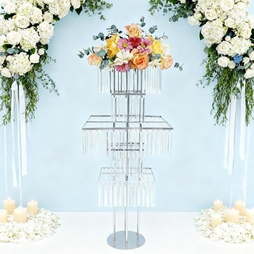 5 Tier Crystal Flower Stand, 2pcs Wedding Silver Vases Centerpieces with Hanging Crystals, Square Chandelier, alternate view