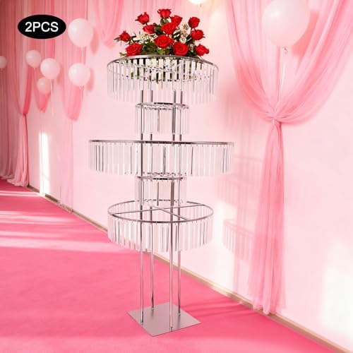 5 Tier Crystal Flower Stand, 2pcs Wedding Silver Vases Centerpieces with Hanging Crystals, Round Chandelier, alternate view 2