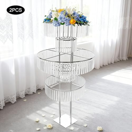 5 Tier Crystal Flower Stand, 2pcs Wedding Silver Vases Centerpieces with Hanging Crystals, Round Chandelier, alternate view 5