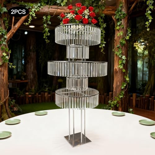5 Tier Crystal Flower Stand, 2pcs Wedding Silver Vases Centerpieces with Hanging Crystals, Round Chandelier, alternate view 6
