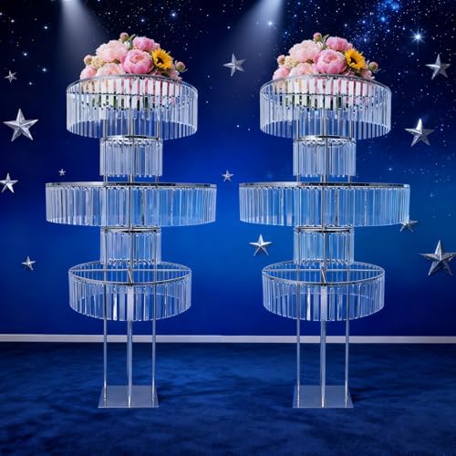 5 Tier Crystal Flower Stand, 2pcs Wedding Silver Vases Centerpieces with Hanging Crystals, Round Chandelier, alternate view 7