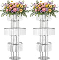 5 Tier Crystal Flower Stand, 2pcs Wedding Silver Vases Centerpieces with Hanging Crystals, Round Chandelier