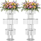5 Tier Crystal Flower Stand, 2pcs Wedding Silver Vases Centerpieces with Hanging Crystals, Round Chandelier
