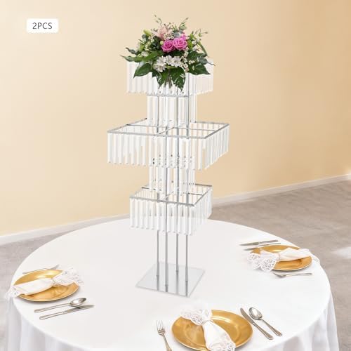 5 Tier Crystal Flower Stand, 2pcs Wedding Silver Vases Centerpieces with Hanging Crystals, Square Chandelier, alternate view
